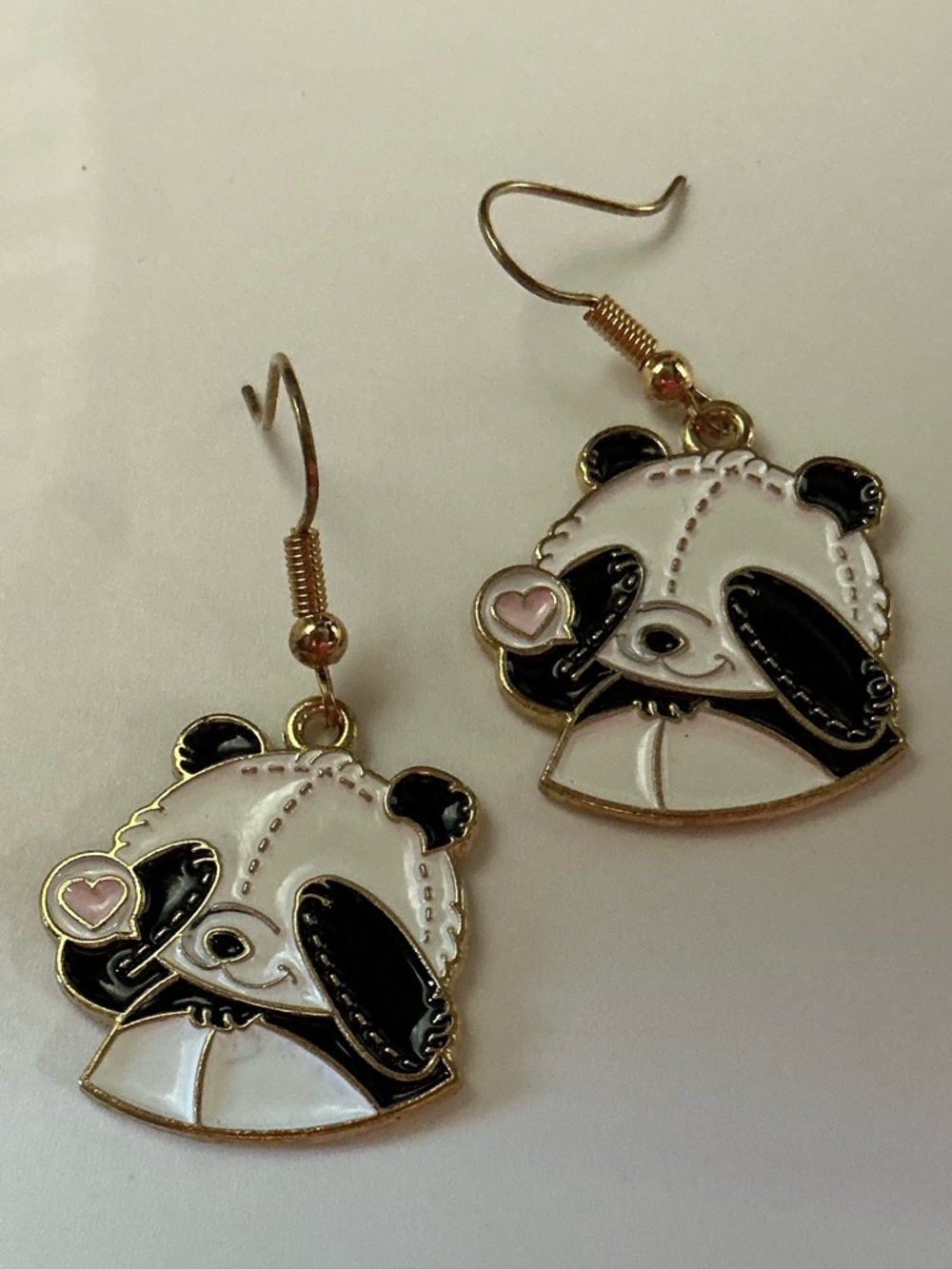 CUTE GOLD TONE PANDA ENAMEL EARRINGS BLACK WHITE PINK